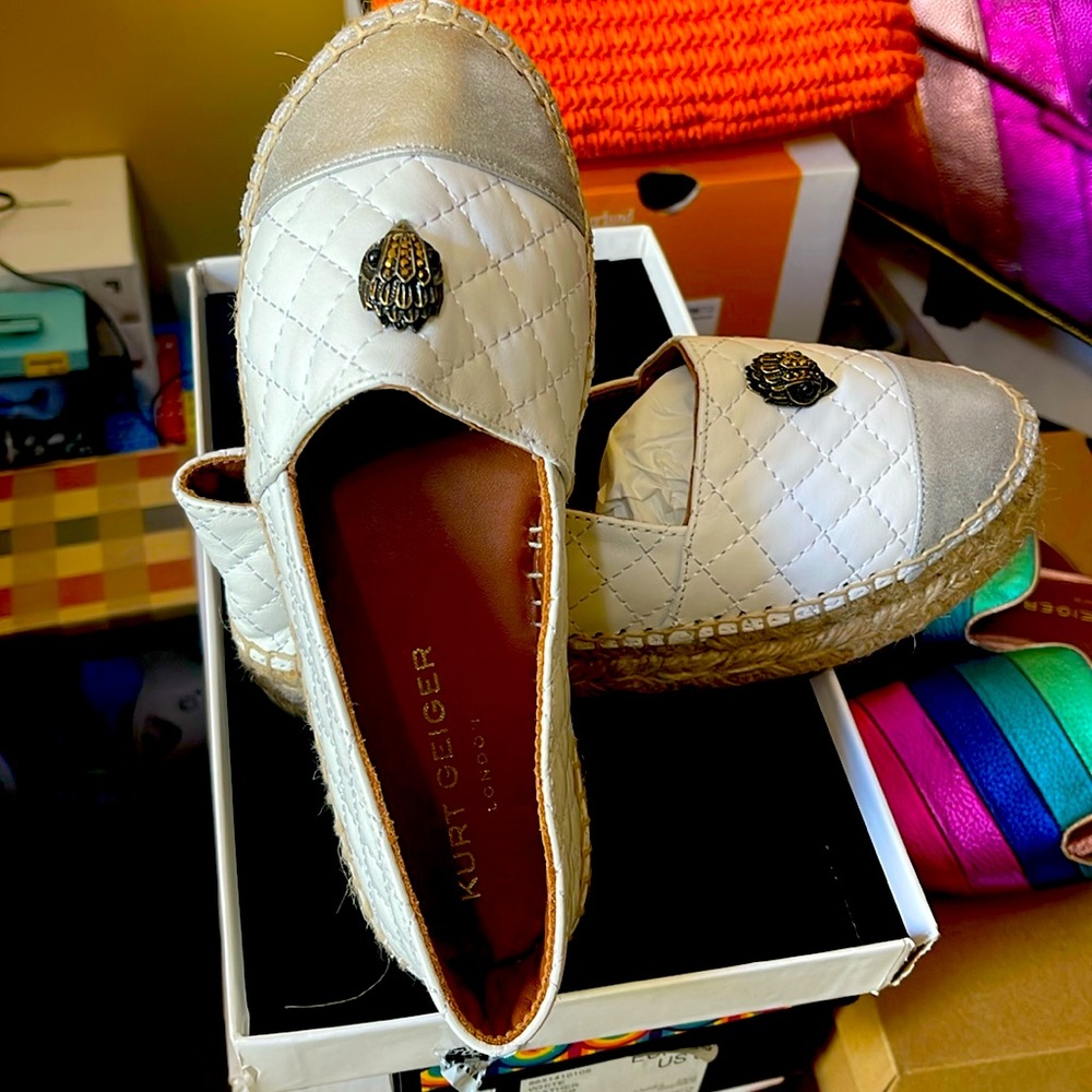 Kurt Geiger London Morella Eagle White Leather Platform Espadrilles New size 6
